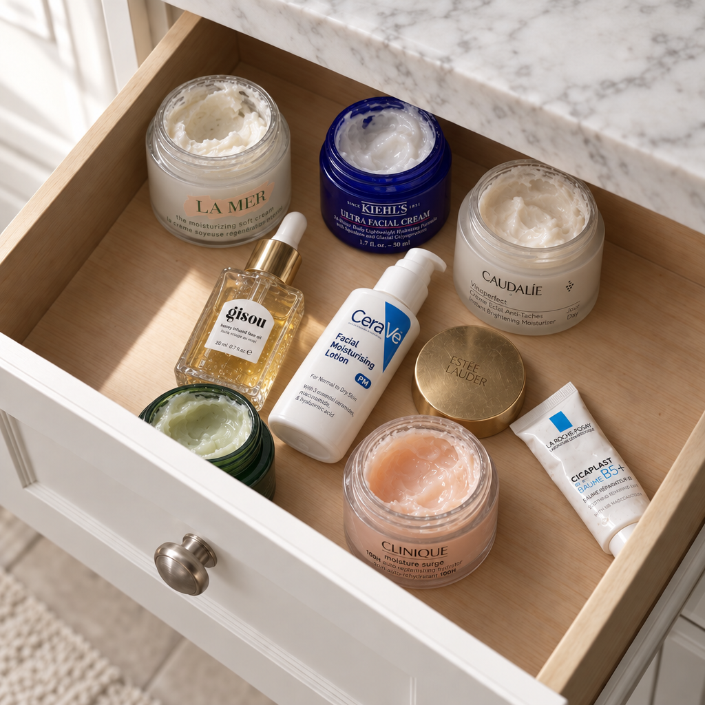 An open bathroom vanity drawer crowded with half-used cream jars, serum dropper bottles and pump bottles, several with their caps off