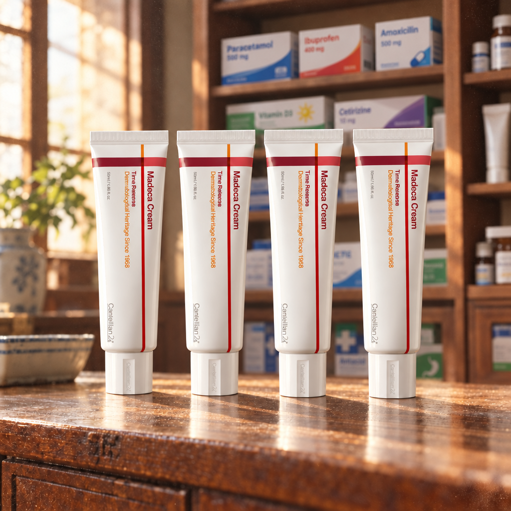 Wooden pharmacy shelves lined with plain white cartons and tubes in soft window light, one carton with a red stripe in focus on the counter