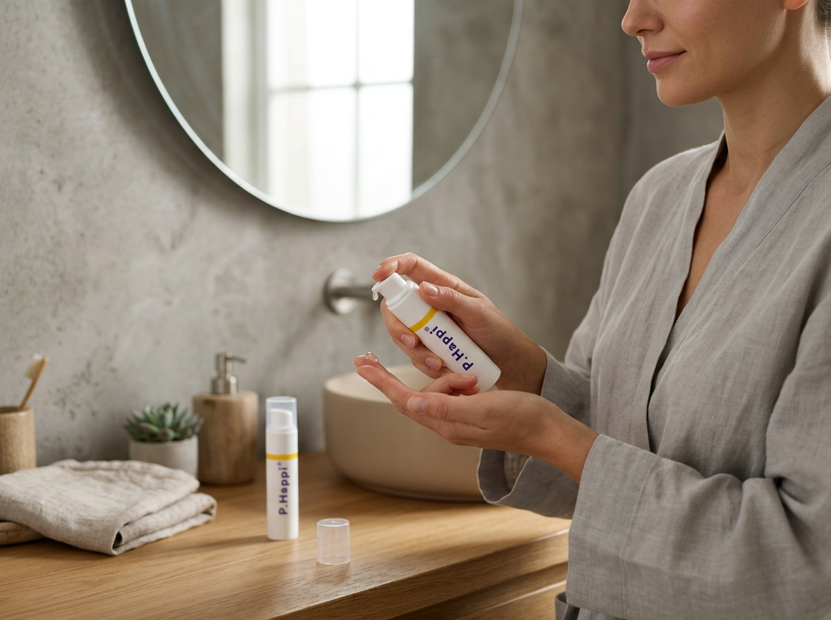 Woman dispensing lotion from a small bottle in a bathroom with wooden countertop and round mirror