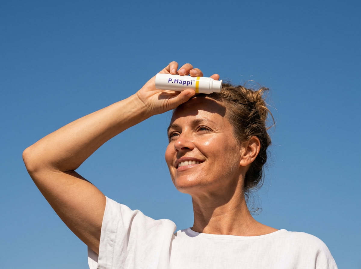 Woman holding sunscreen stick titled P. Happi near forehead against blue sky