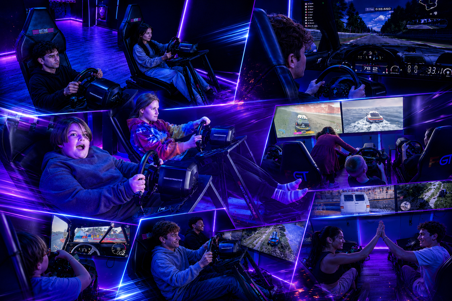 Guests racing on Soulvaria's racing simulator rigs with steering wheels and pedals