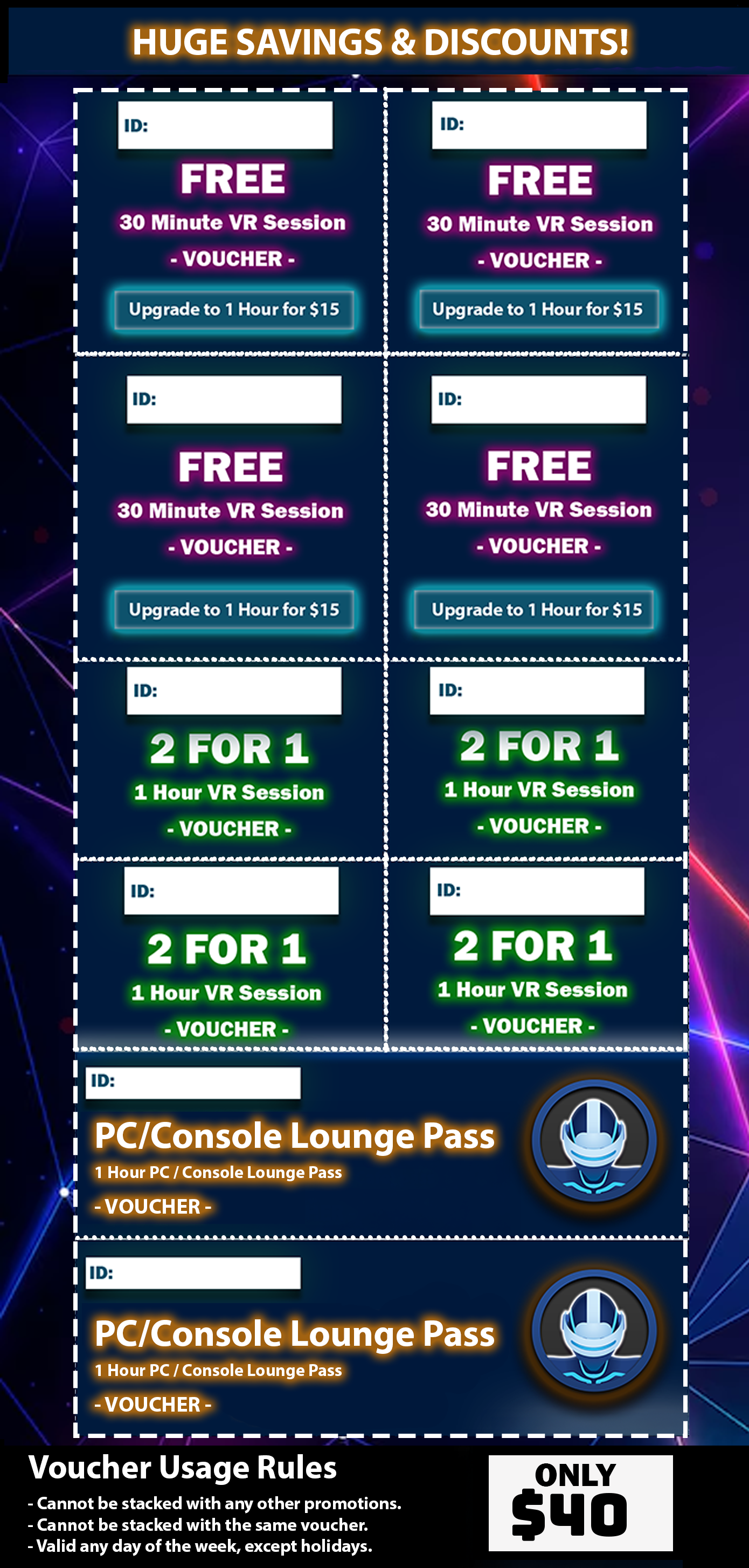 Back of the Soulvaria voucher, Huge Savings & Discounts: four FREE 30-minute VR session vouchers (each upgradeable to 1 hour for $15), four 2-for-1 one-hour VR session vouchers, two 1-hour PC/Console Lounge passes, voucher usage rules and an Only $40 badge