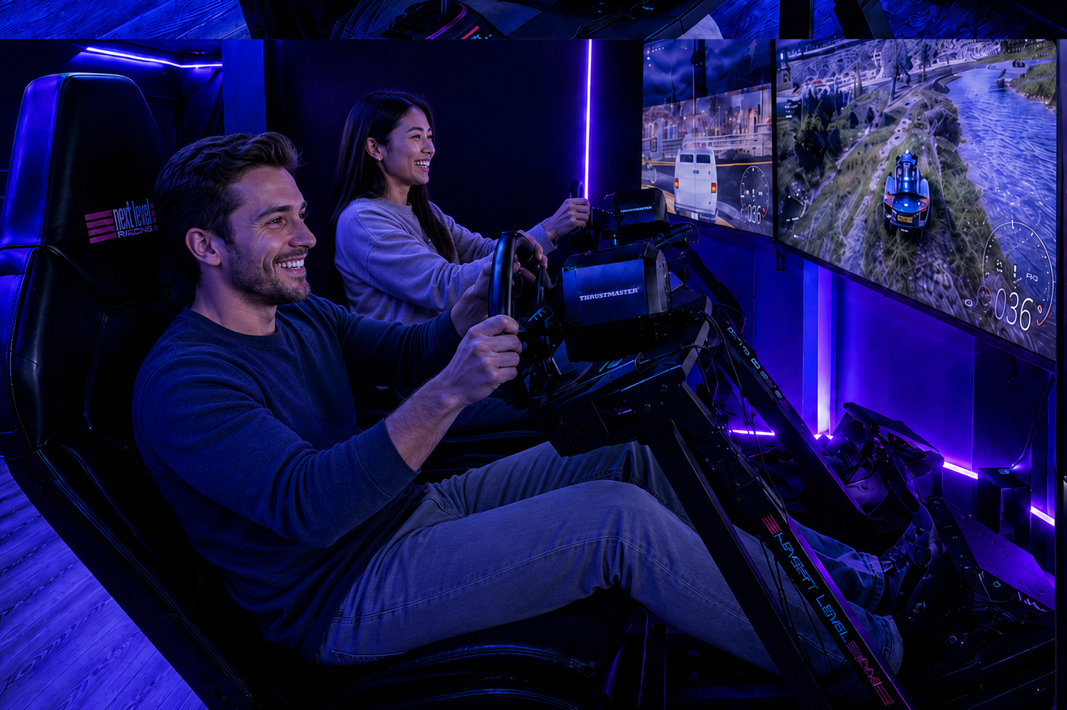 Soulvaria racing simulator rig with a steering wheel, pedals and racing seat