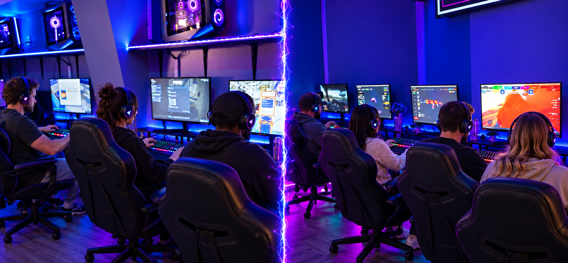 Friends gaming together in Soulvaria's PC Gaming Lounge