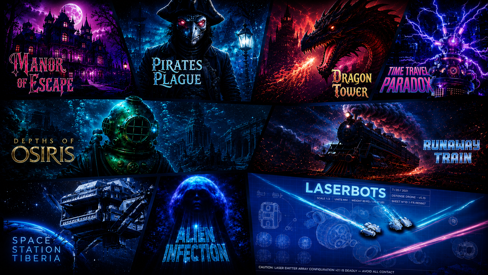 Collage of free-roam VR escape room worlds