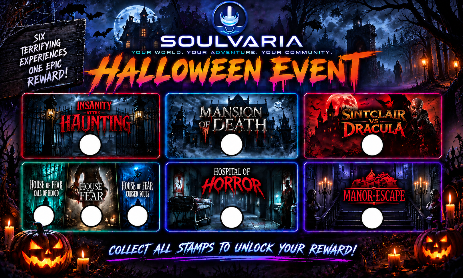 Soulvaria Halloween Event stamp board with six haunted experiences: Insanity at the Haunting, Mansion of Death, Sintclair vs Dracula, House of Fear, Hospital of Horror and Manor of Escape