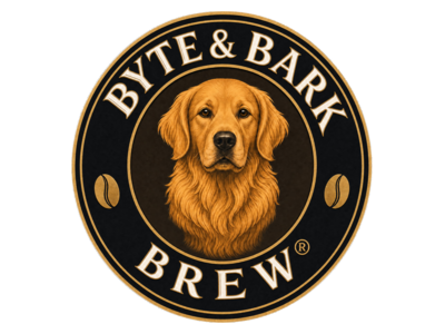 Byte & Bark Brew logo — golden retriever badge