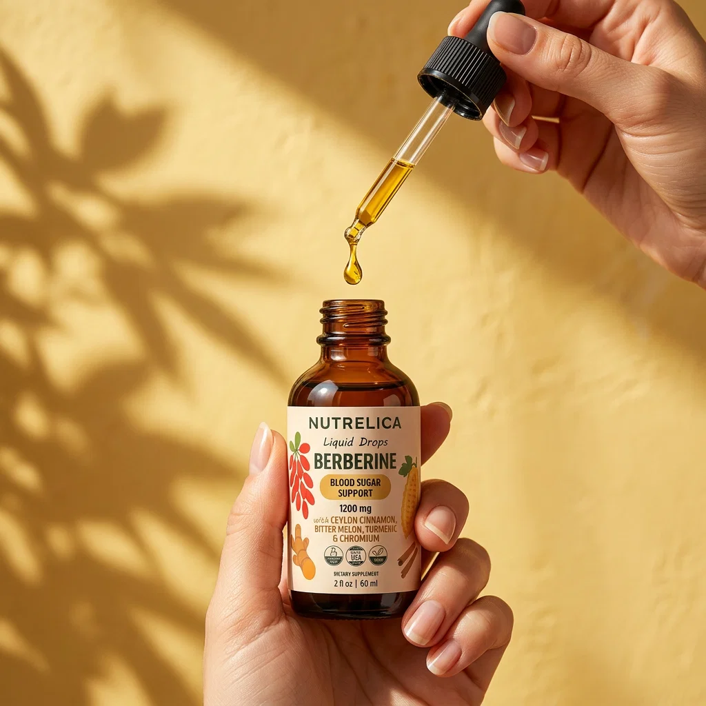 Hand holding Berberine Liquid Formula with Ceylon Cinnamon, Bitter Melon, Turmeric & Chromium with a drop on the dropper