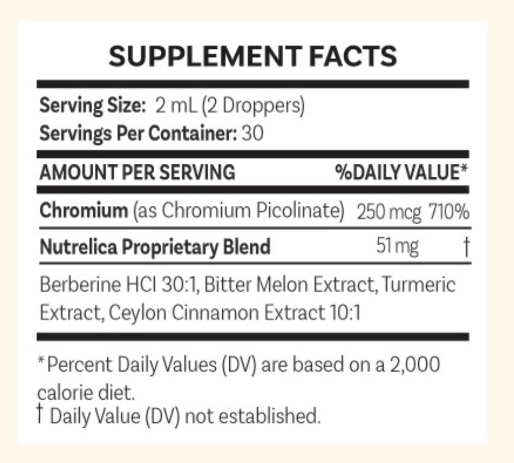 Supplement Facts label for Berberine Liquid Formula with Ceylon Cinnamon, Bitter Melon, Turmeric & Chromium