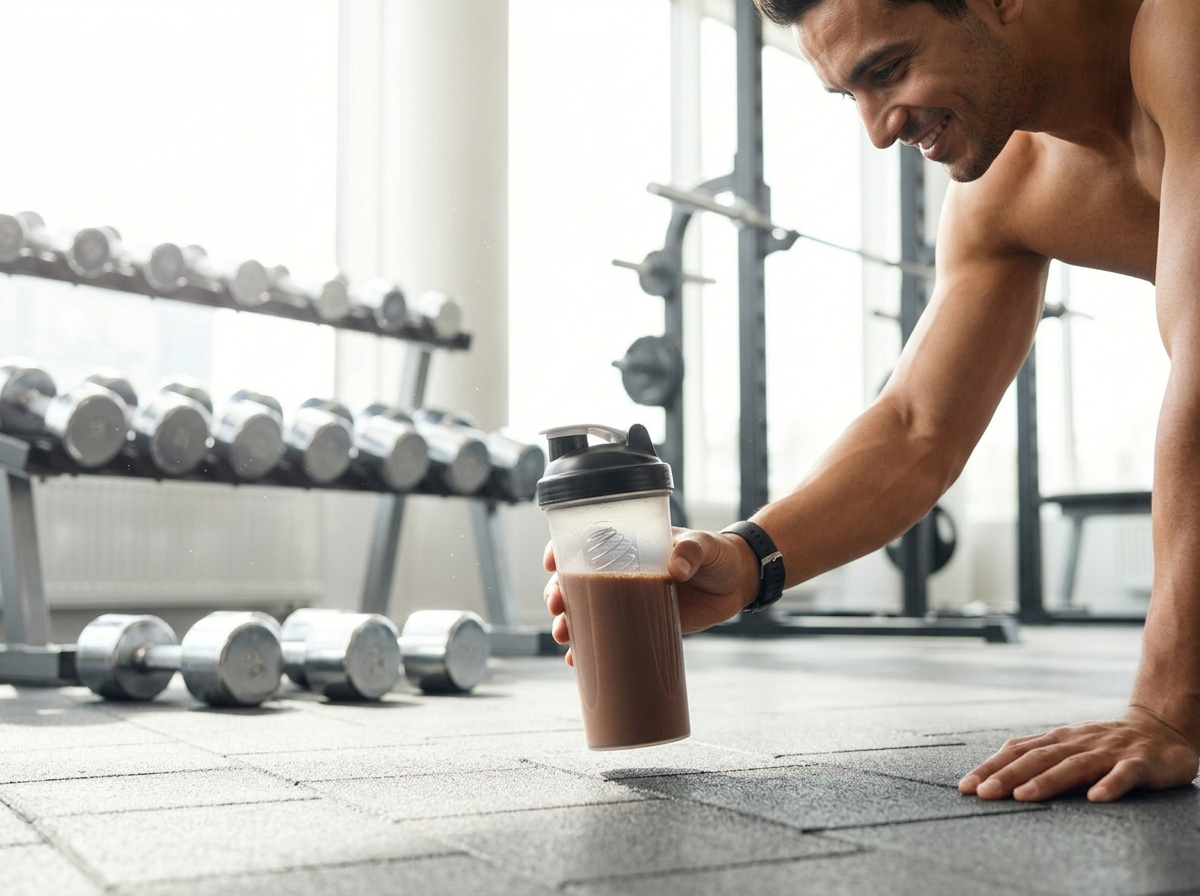 Smiling man in gym reaching for chocolate protein shake bottle on floor near dumbbells