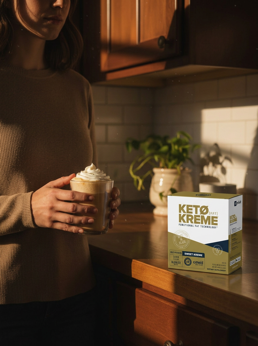 Person holding a glass of coffee with whipped cream in a sunlit kitchen next to a Keto Kreme box