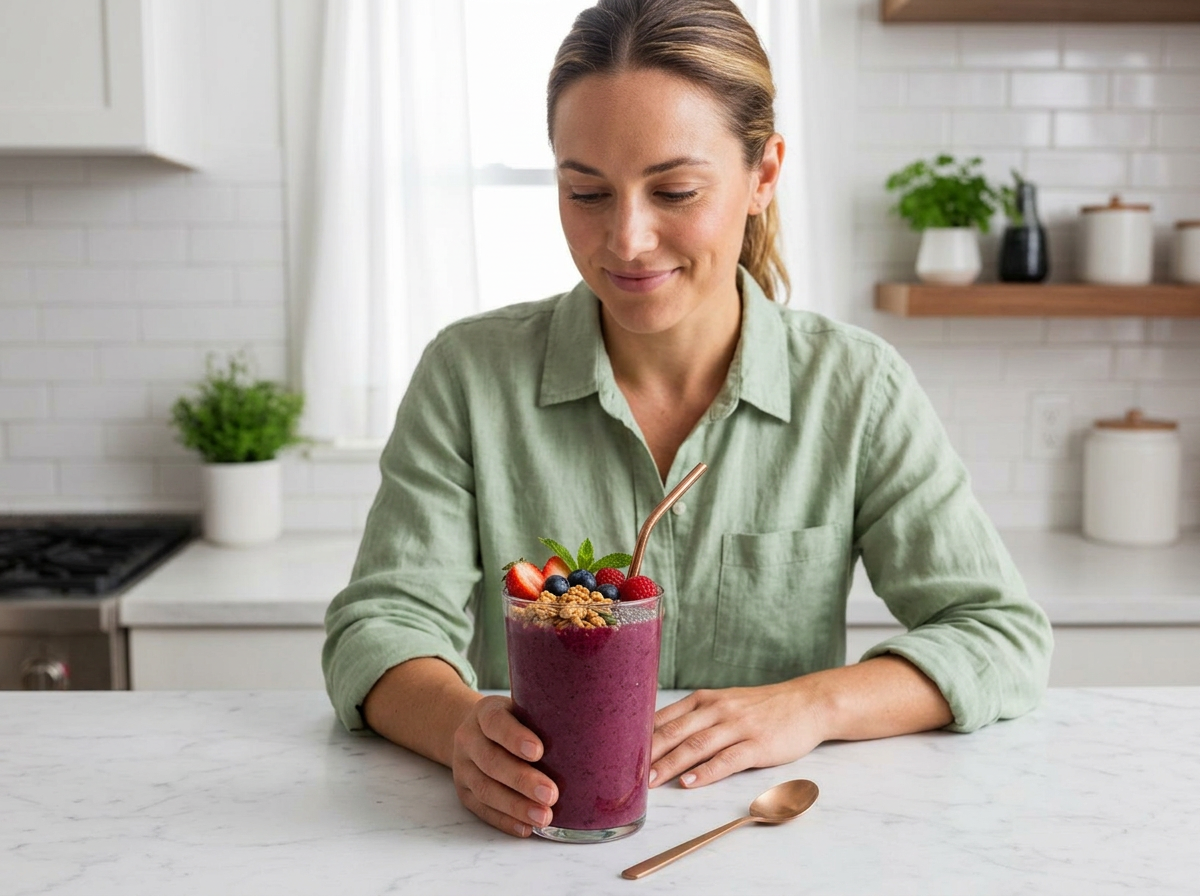 Smiling woman in green shirt holding a glass with purple smoothie topped with fruits and granola
