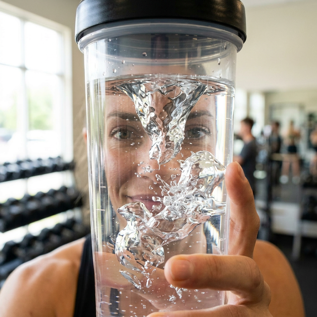 Person holding a clear bottle with a visible water vortex spinning inside