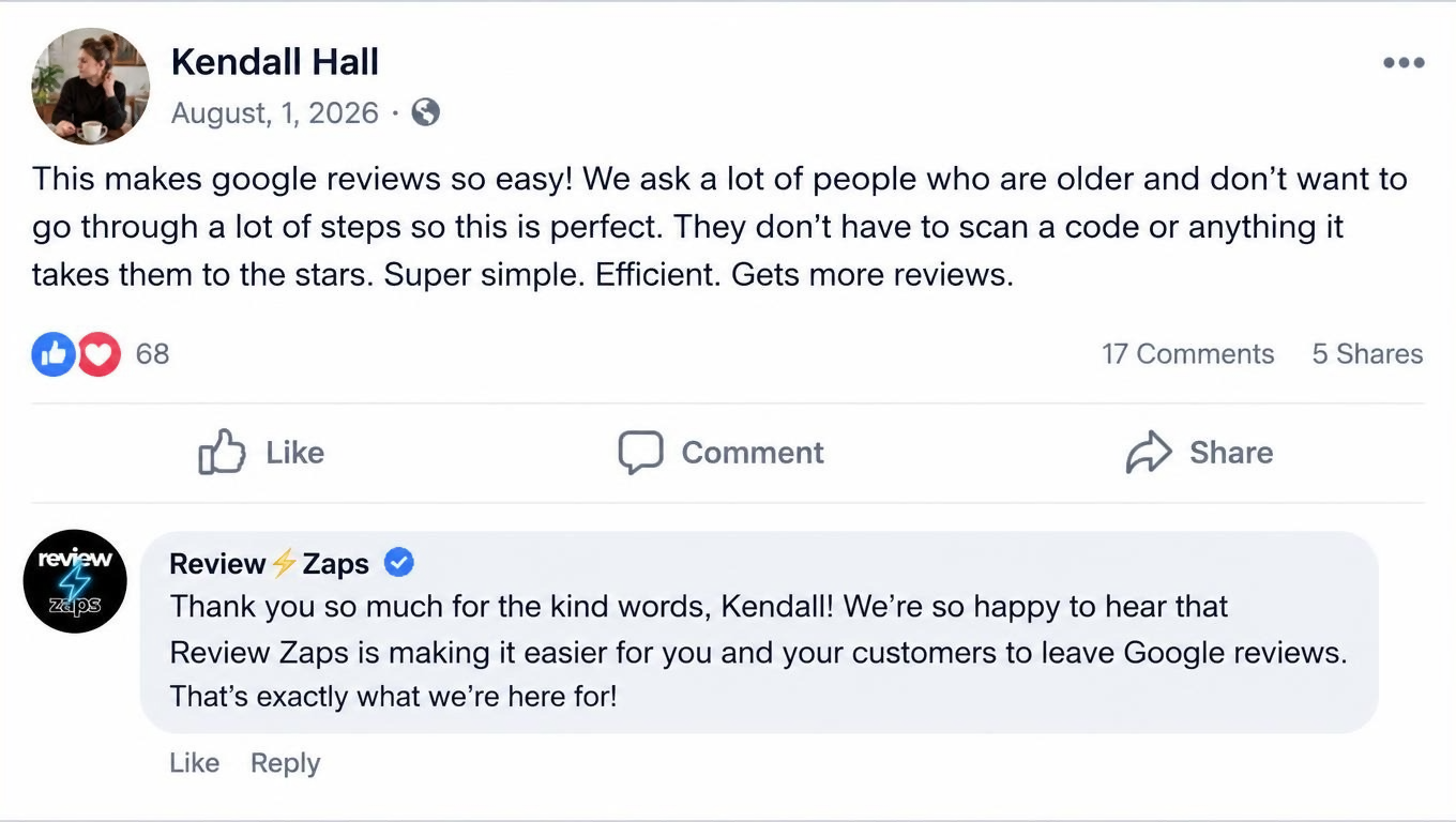Review from Kendall Hall: This makes google reviews so easy! We ask a lot of people who are older and don't want to go through a lot of steps so this is perfect. They don't have to scan a code or anything it takes them to the stars. Super simple. Efficient. Gets more reviews. Review Zaps replied thanking her.