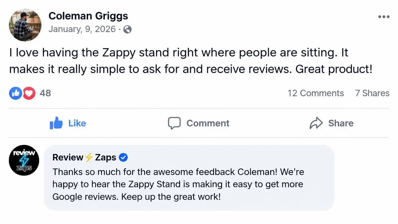Review from Coleman Griggs: I love having the Zappy stand right where people are sitting. It makes it really simple to ask for and receive reviews. Great product! Review Zaps replied thanking him.