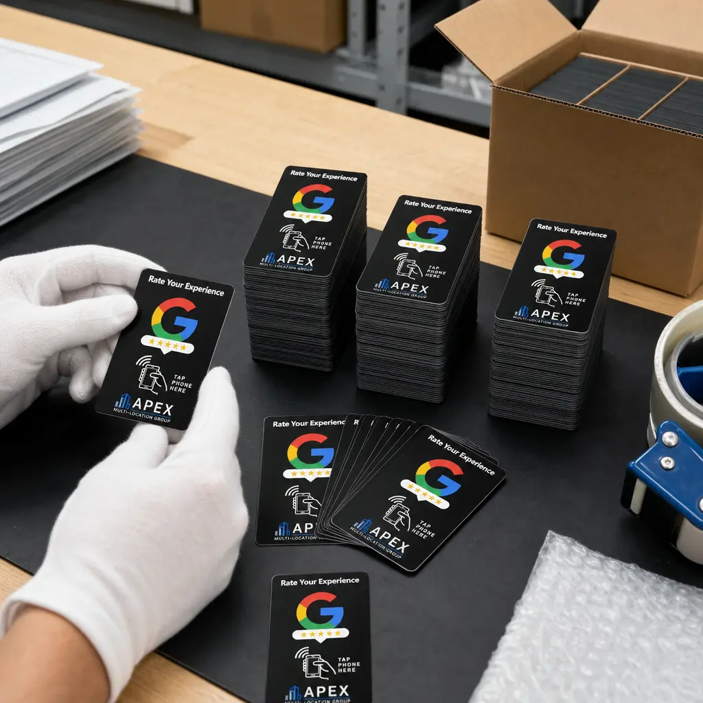 Stacks of NFC Google review cards produced in bulk