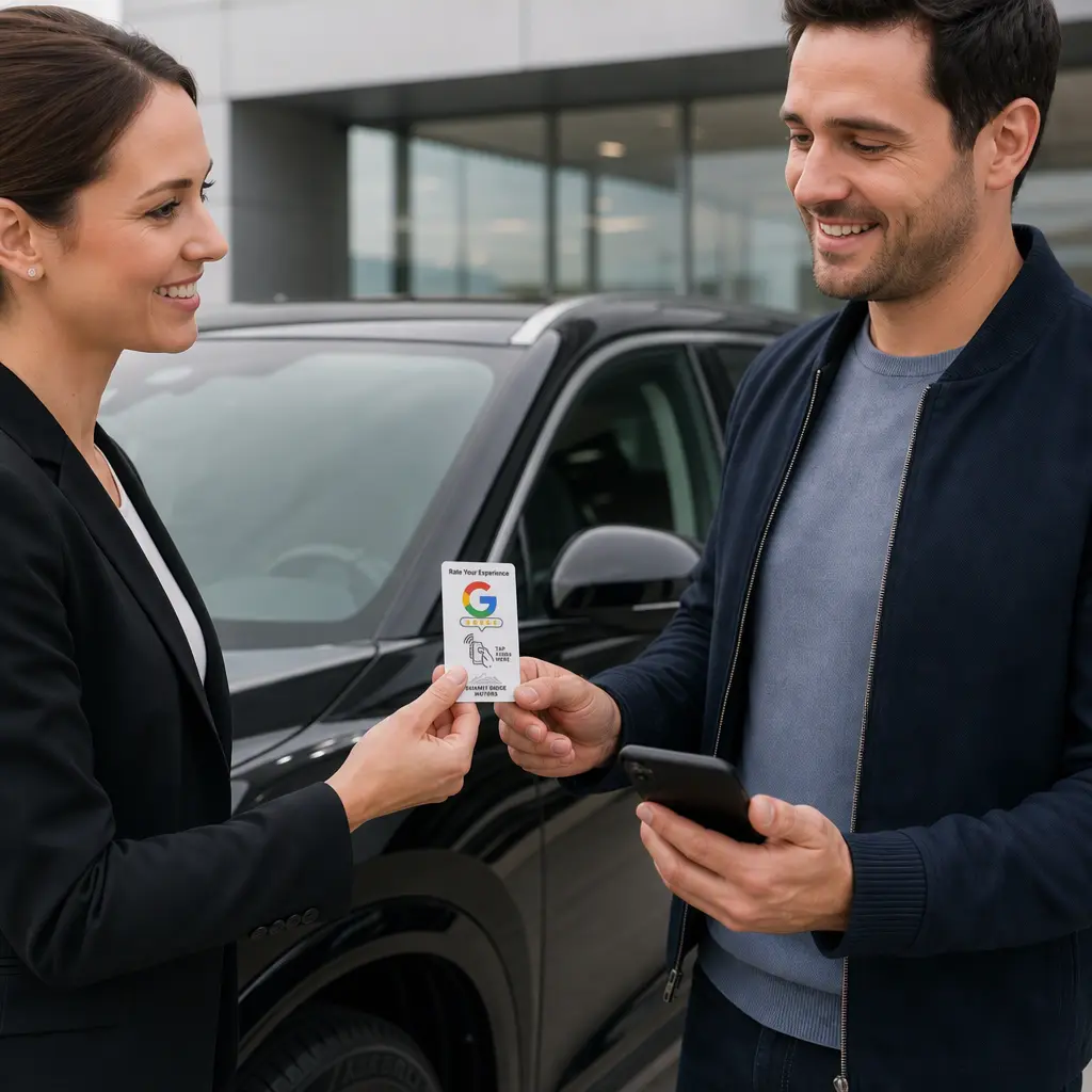 Car dealership salesperson handing a Google review card to a new car owner