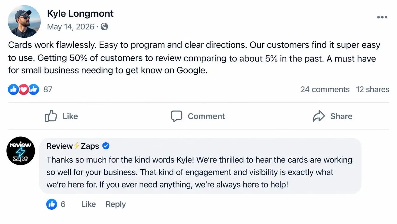 Facebook post from Kyle L.: Cards work flawlessly. Easy to program and clear directions. Our customers find it super easy to use. Getting 50% of customers to review comparing to about 5% in the past. A must have for small business needing to get know on Google. Review Zaps replied with a thank-you.