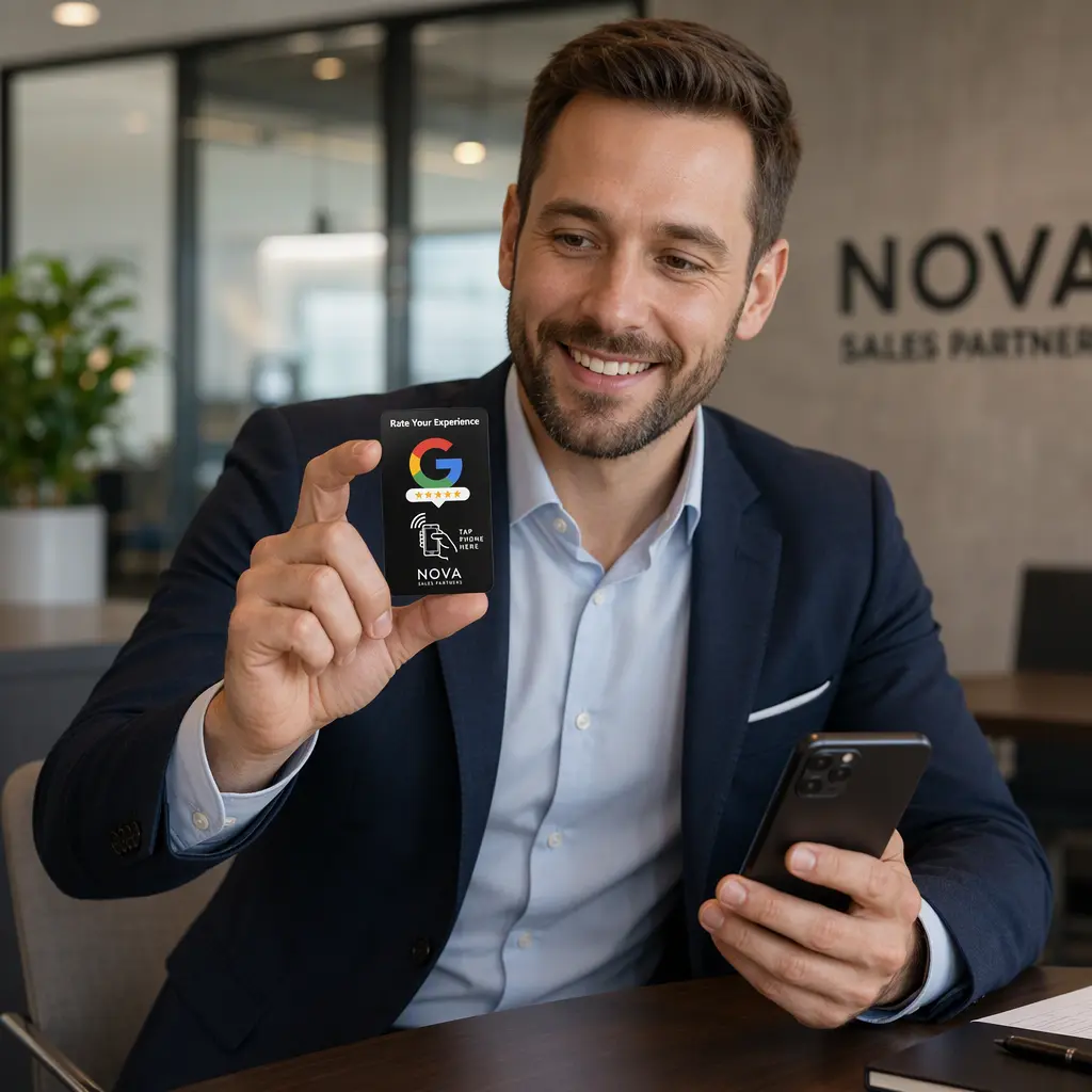 Salesperson handing a Google review card to a client