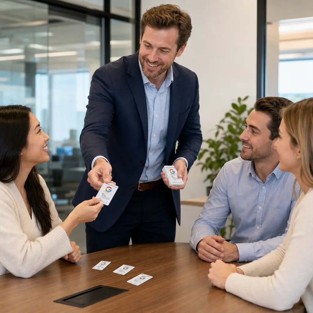 Employee holding a Google review card and a phone