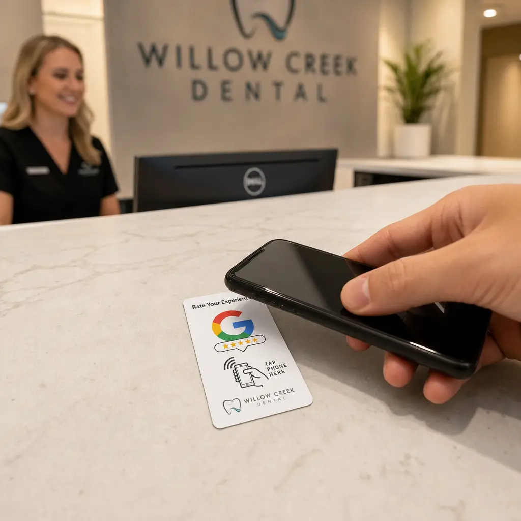 Black NFC Google review card on a front desk