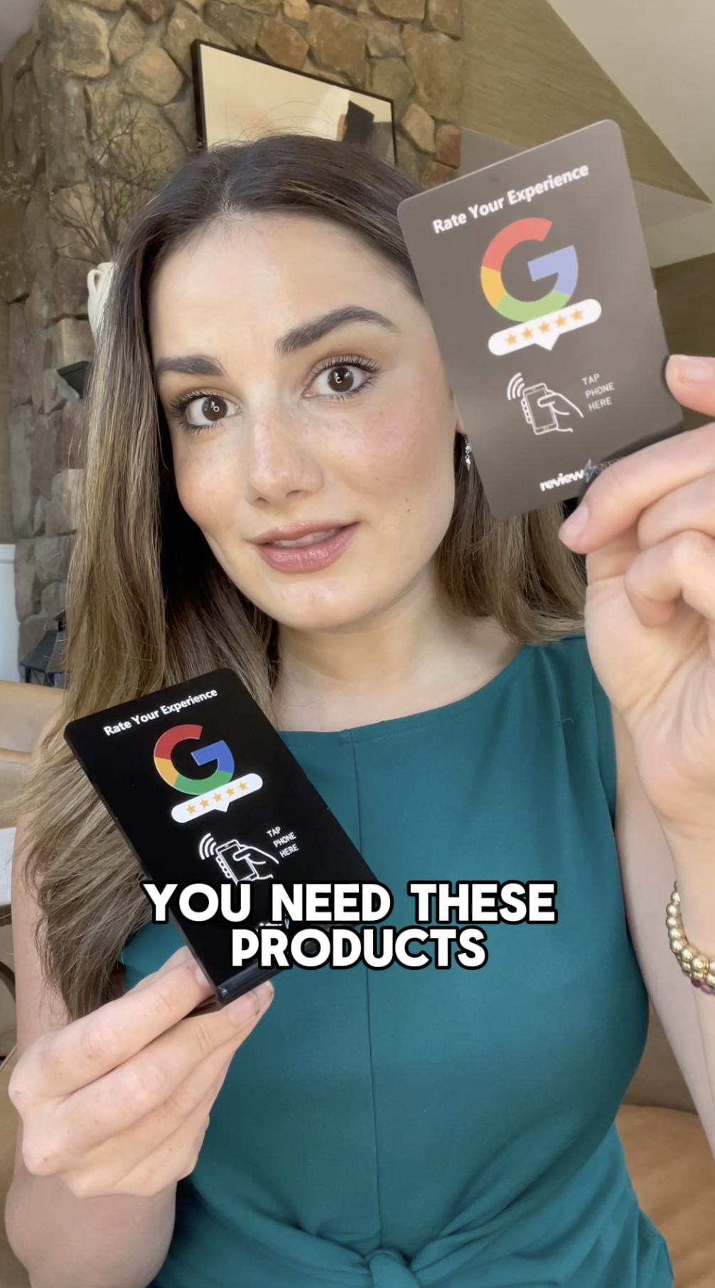 Zappy Google Review Stand, video: a woman holding up two Zappy review cards