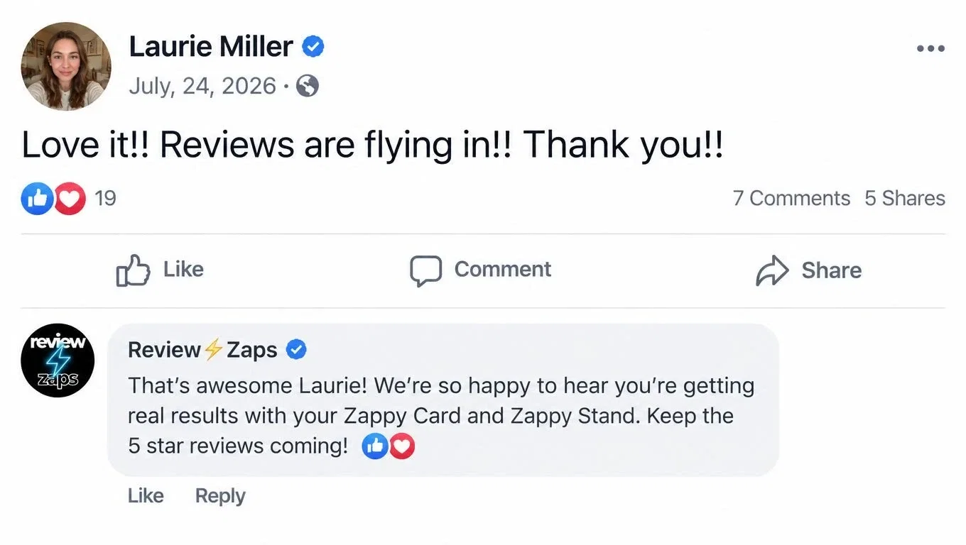 Review from Laurie Miller: Love it!! Reviews are flying in!! Thank you!! Review Zaps replied that they're happy she's getting real results with her Zappy Card and Zappy Stand.