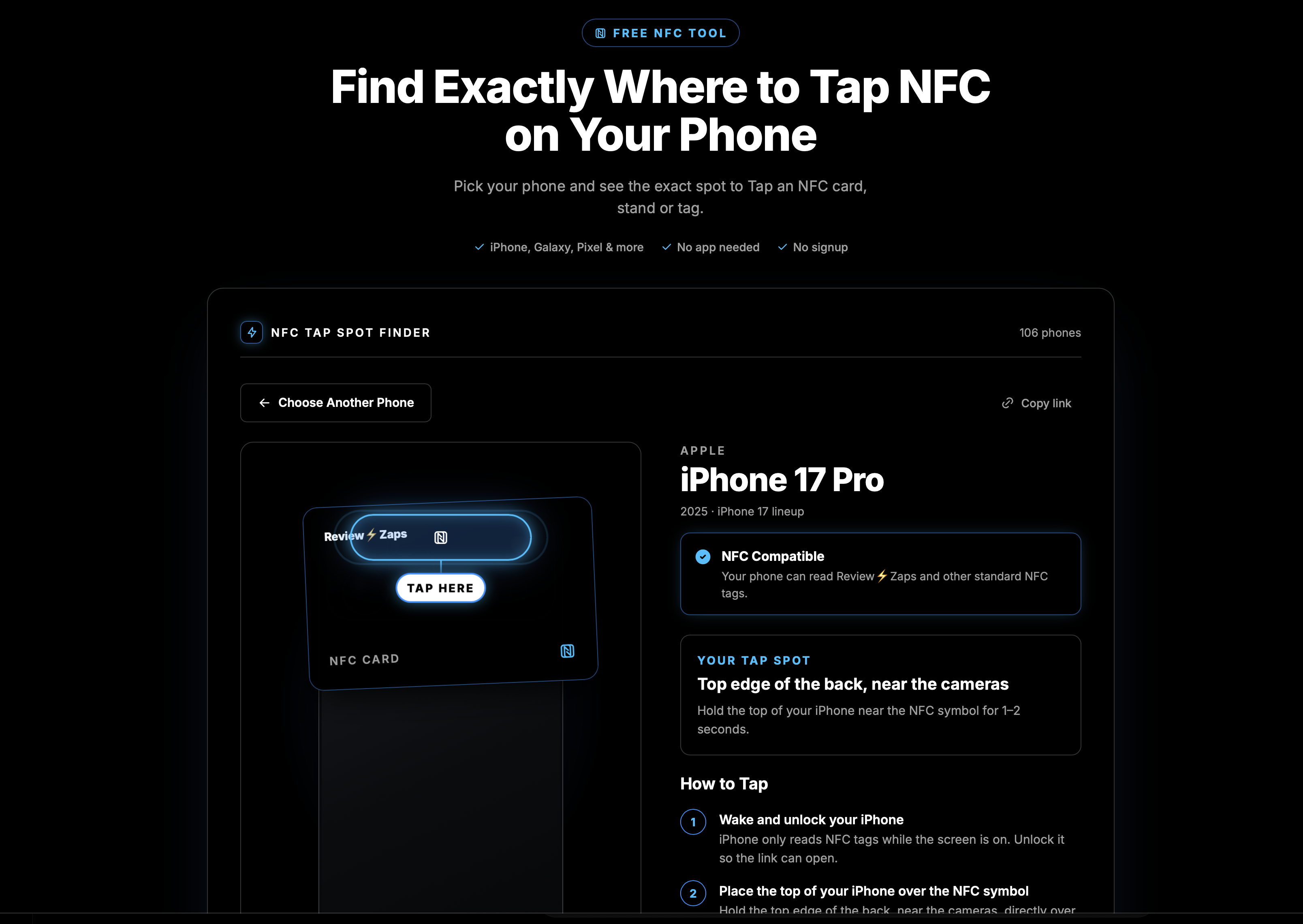 ReviewZaps NFC Tap Spot Finder showing where to Tap a smartphone