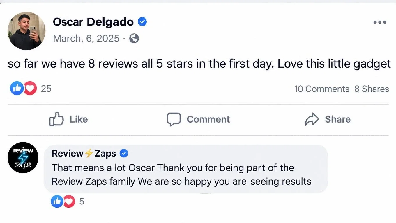 Review from Oscar Delgado: so far we have 8 reviews all 5 stars in the first day. Love this little gadget. Review Zaps replied thanking him for being part of the Review Zaps family.