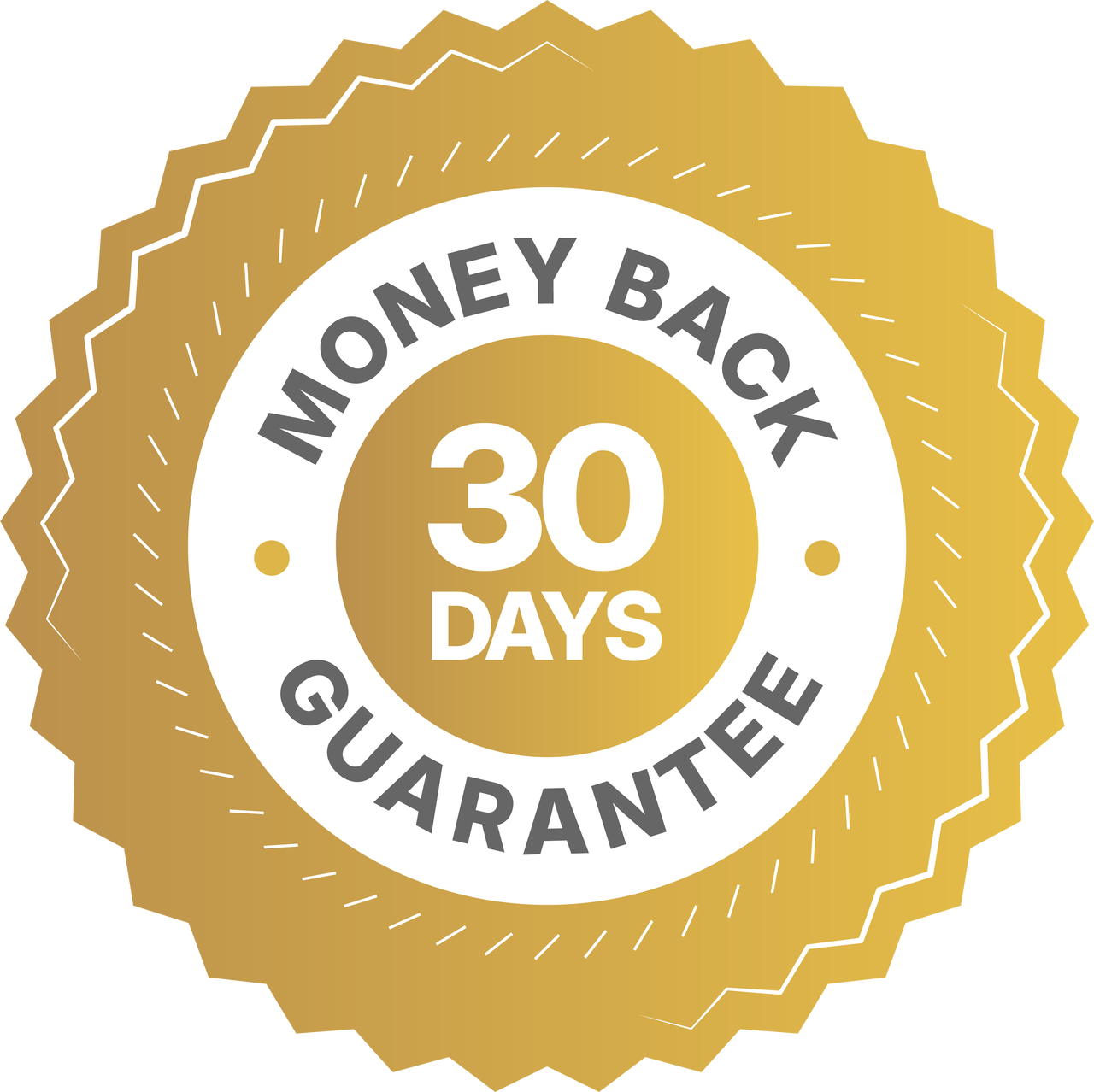 Gold badge with &quot;30 Days Money Back Guarantee&quot; in bold white letters.