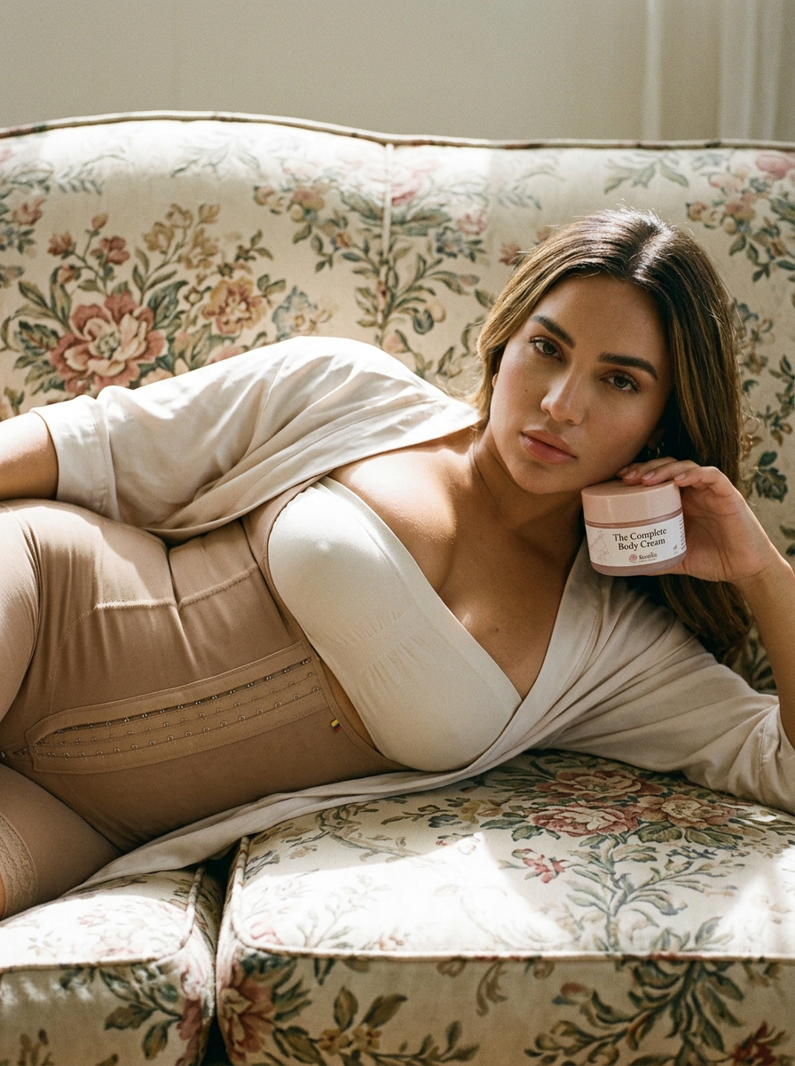 A woman lying on a floral couch holding a jar of body cream, looking at the camera.