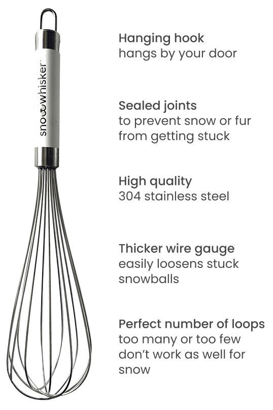 Stainless steel snow whisker with labelled features: thicker wire gauge, 304 stainless steel, hanging hook, sealed joints and the perfect number of loops