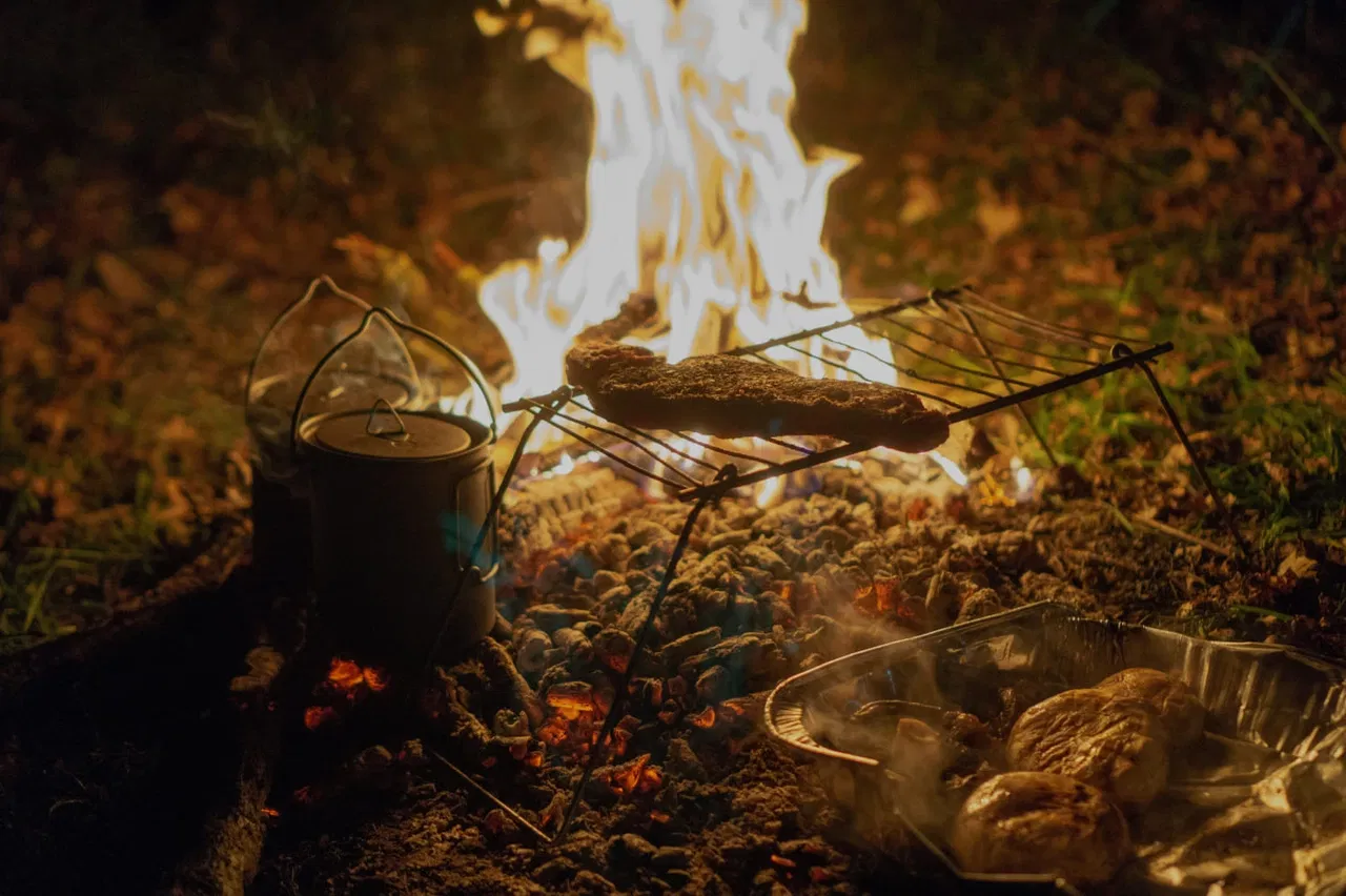 Campfire and cooking next to fire