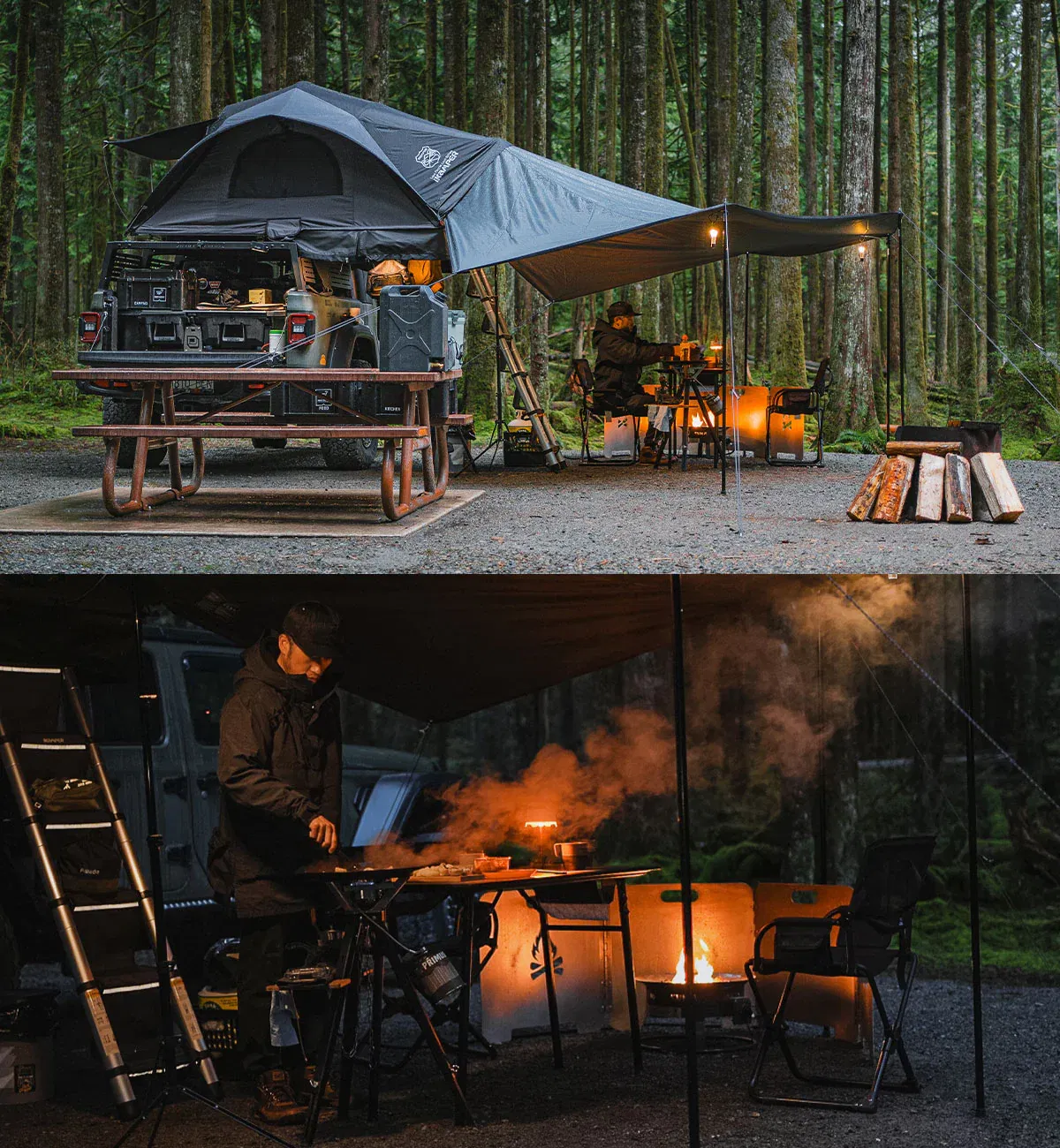 Campers using the Original Fire Reflector with their overlanding truck in nature