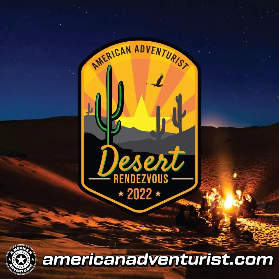 American Adventurist Desert Rendezvous Logo with desert background with people around fire