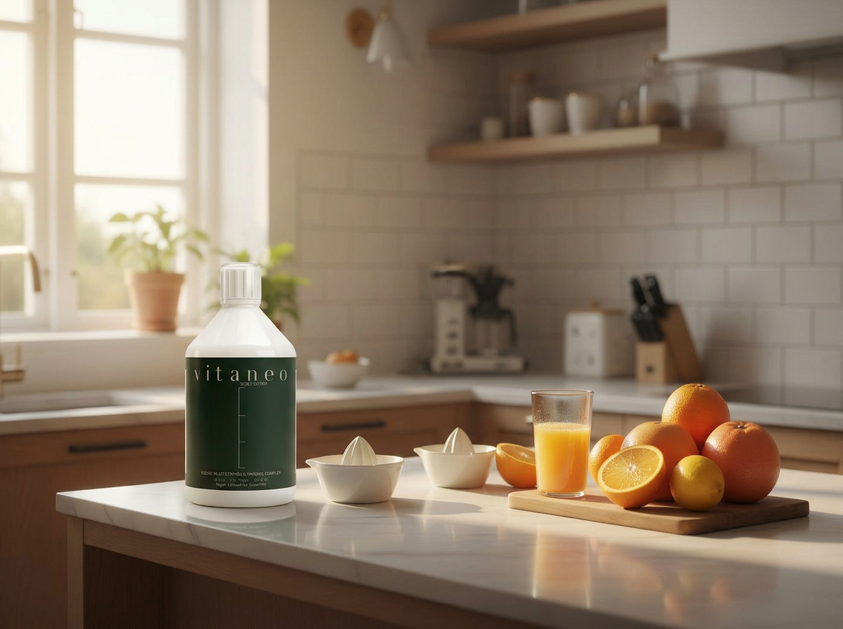 Bottle labeled vitaneo, citrus juicers, glass of orange juice, and fresh oranges and a lemon on a cutting board