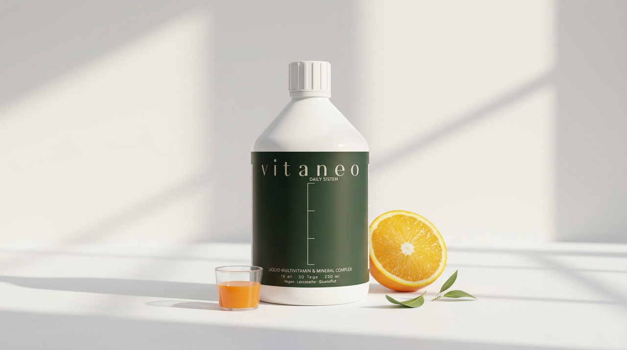 White bottle of Vitaneo liquid multivitamin, glass of orange liquid, and half an orange with green leaves
