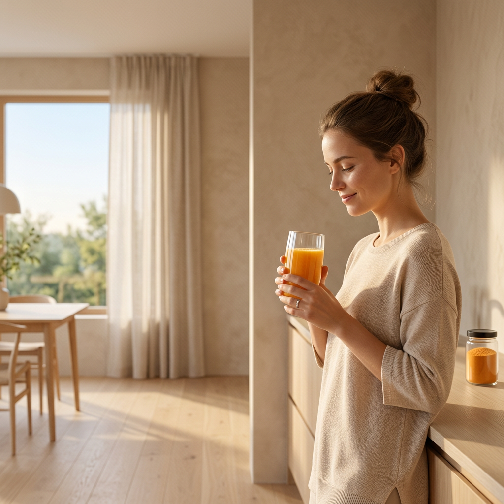 A woman in a beige sweater holding a glass of orange juice in a sunlit kitchen.