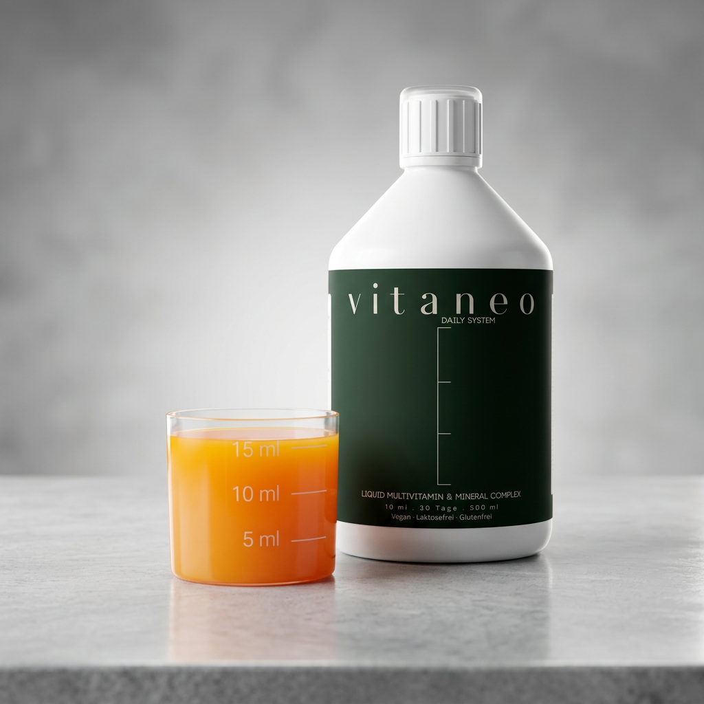 Bottle of Vitaneo liquid multivitamin with a small measuring cup filled with orange liquid