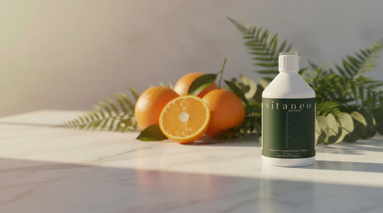 White bottle labeled 'vitaneo' with oranges and green leaves on marble surface