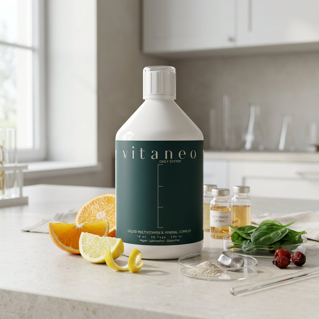 Bottle of multivitamins with orange, lemon peel, spinach, and small bottles on kitchen countertop