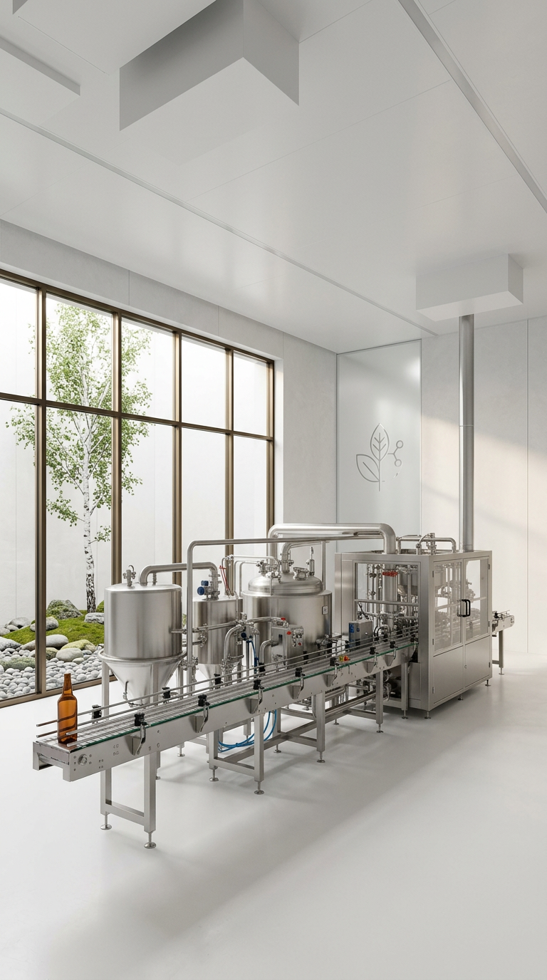Industrial beverage bottling machine in a clean, bright room with large windows and natural elements outside