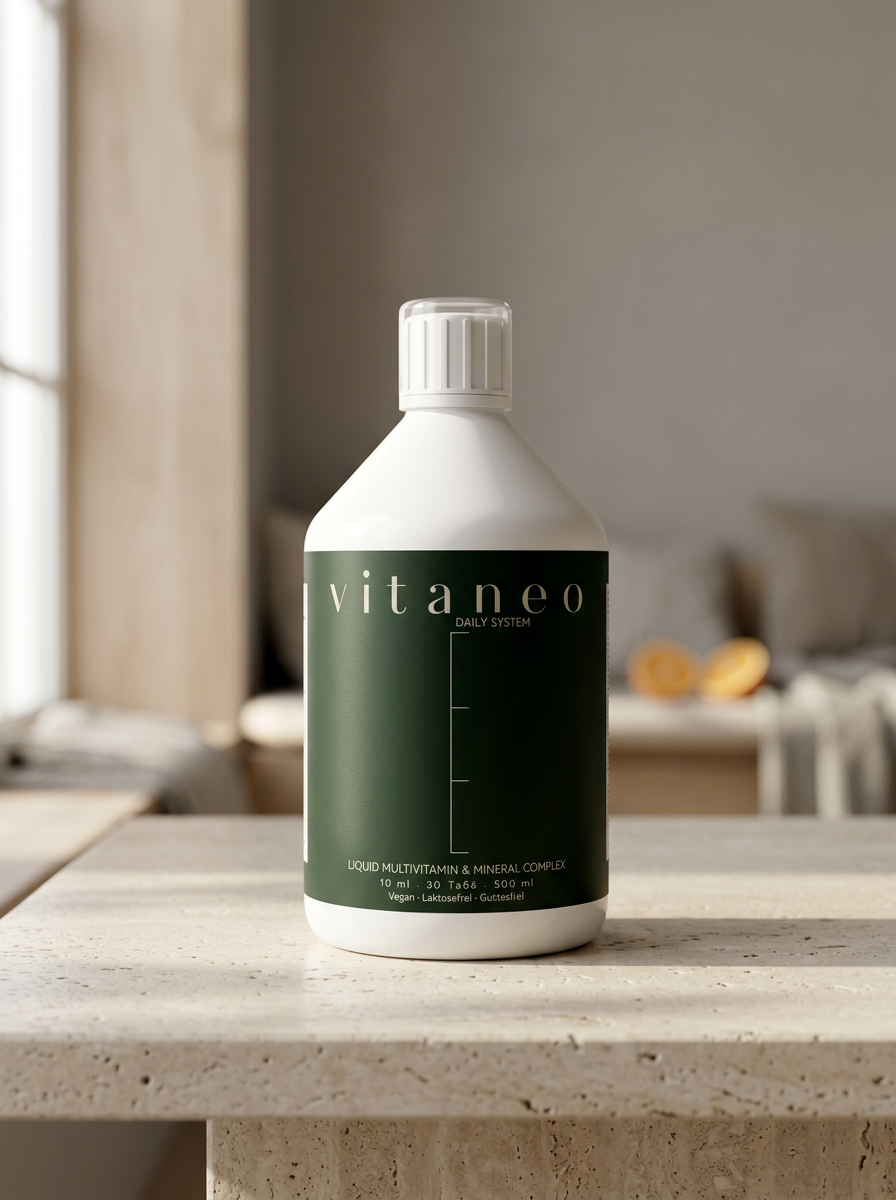 White bottle with green label of Vitaneo liquid multivitamin on a stone table in a softly lit room