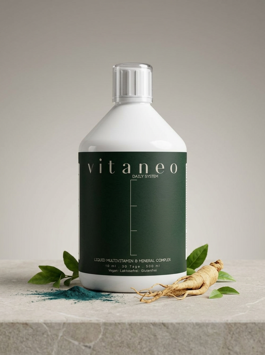 White bottle of Vitaneo liquid multivitamin with green label, herbs, and powder on stone surface