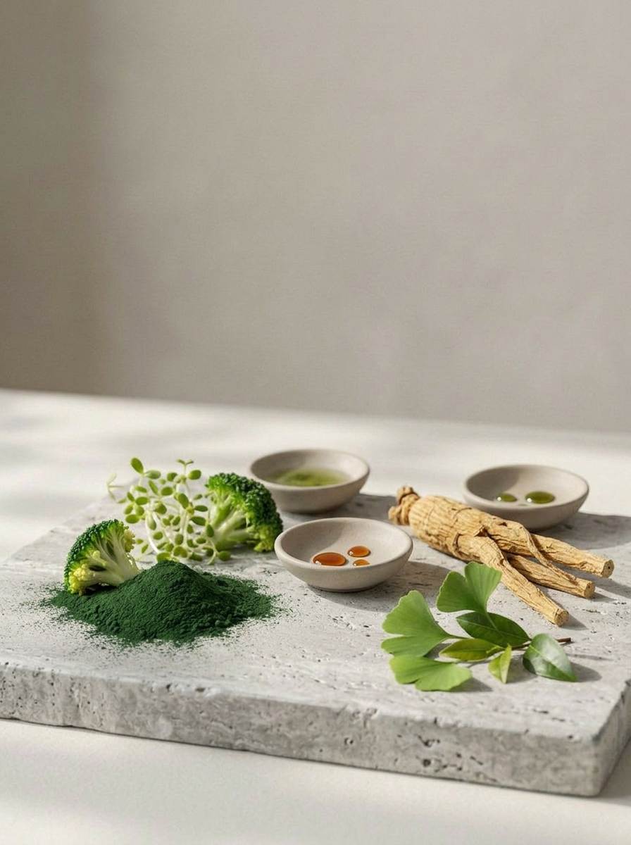 Broccoli, green powder, herbs, roots, green leaves, and small bowls with liquid on a stone slab