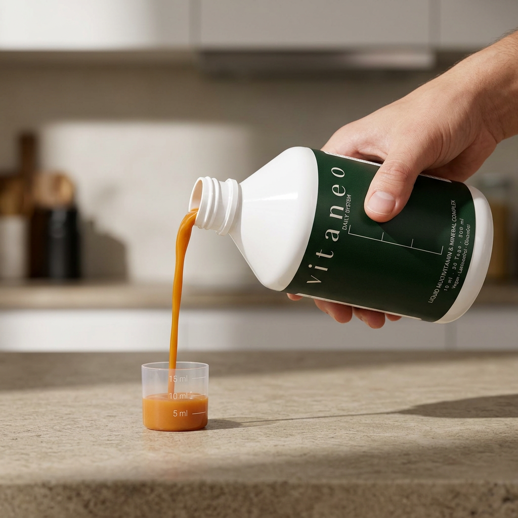 Hand pouring orange liquid from a white bottle labeled vitaneo into a small measuring cup