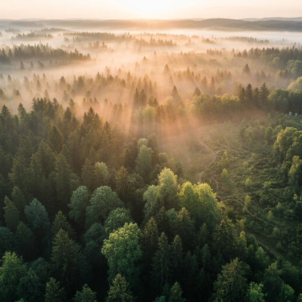 A dense forest with sunlight streaming through mist, creating golden rays over green trees