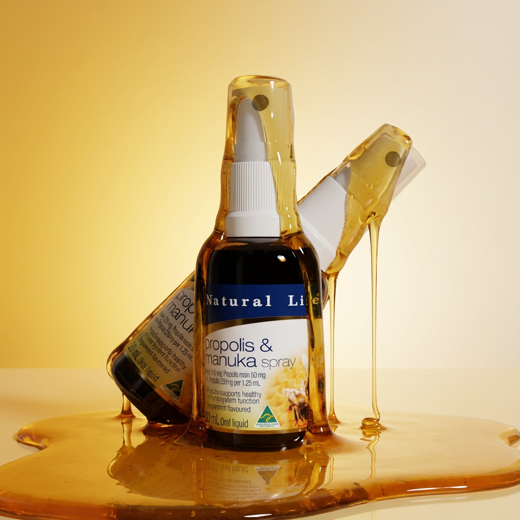 Propolis & Manuka Honey Spray bottles resting in a pool of golden honey