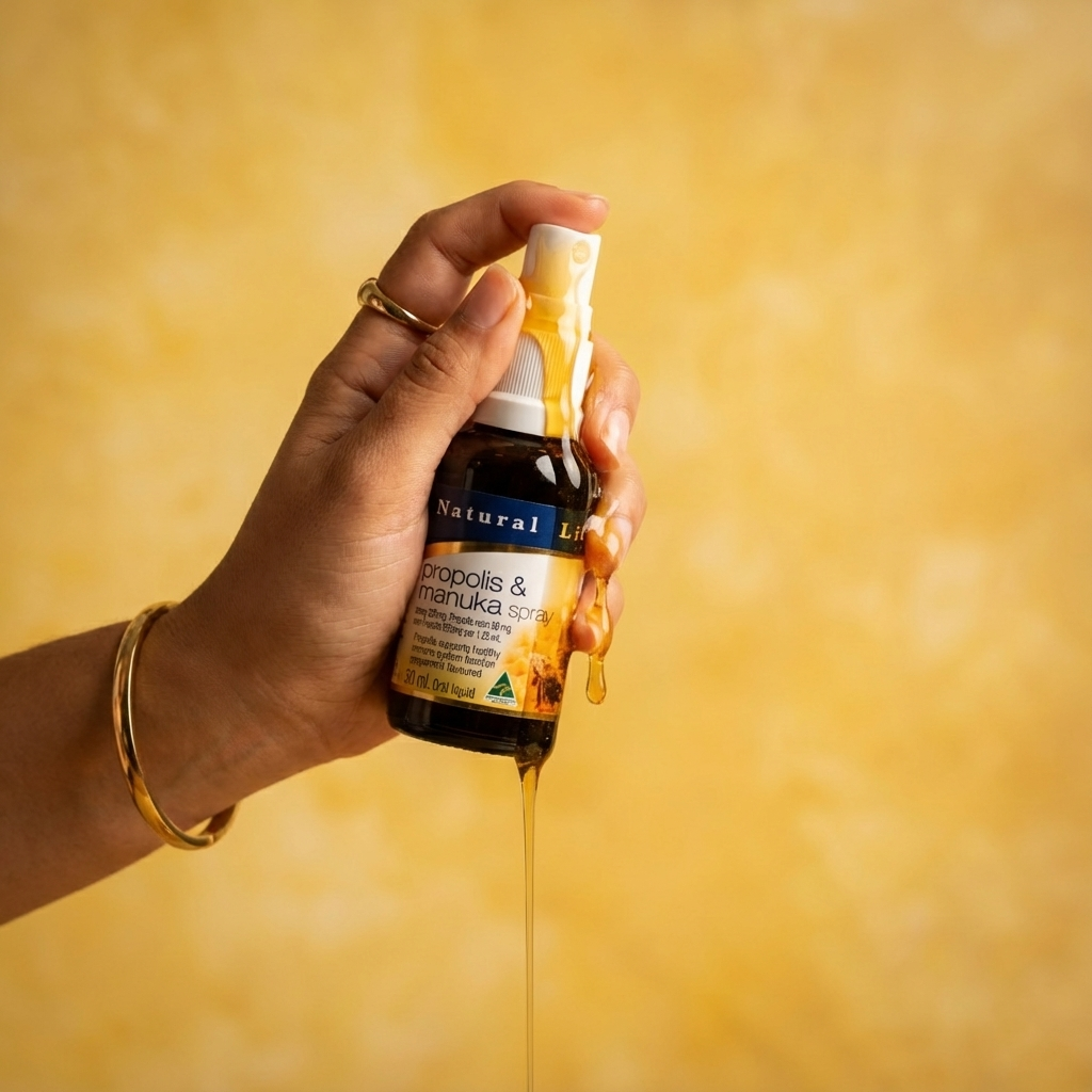Close-up of a woman's hand holding the Propolis & Manuka Honey Spray