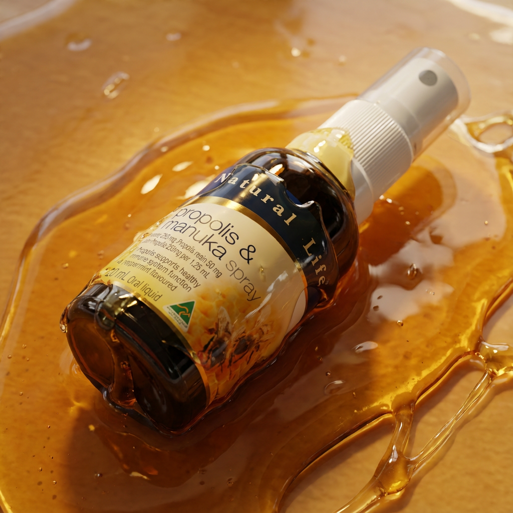 Propolis & Manuka Honey Spray bottle lying in golden honey